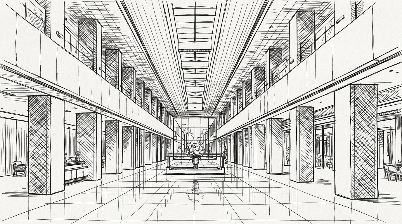 Hand-drawn sketch of a commercial construction site in Orange County, California